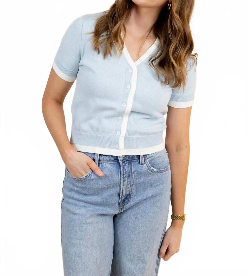 NEW POLAGRAM victoria v-neck top in light blue/ivory